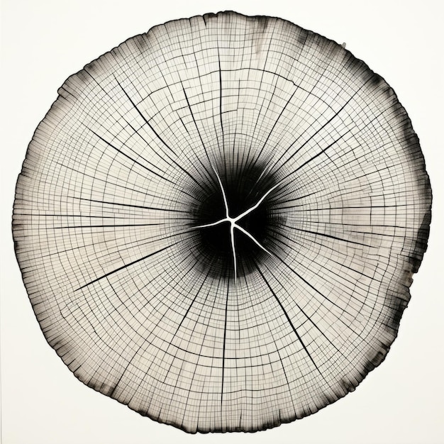 Ein grafischer Druck von ungleichmäßigen schwarzen Baumringen, Wellenraum zwischen einigen Ringen auf weißem Hintergrund
