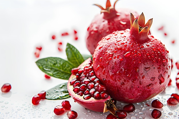 Ein Granatapfel mit Blättern und Wassertropfen