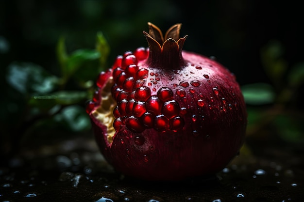 Ein Granatapfel mit Wassertropfen darauf