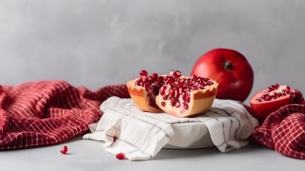 Ein Granatapfel und ein rot-weißes Handtuch auf einem Tisch.