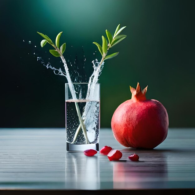 Ein Granatapfel wird in ein Glas Wasser gegossen.