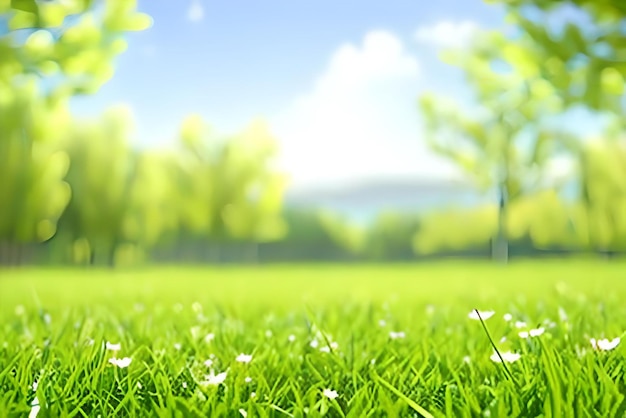 Ein Grasfeld mit kleinen weißen Blumen an einem sonnigen Tag