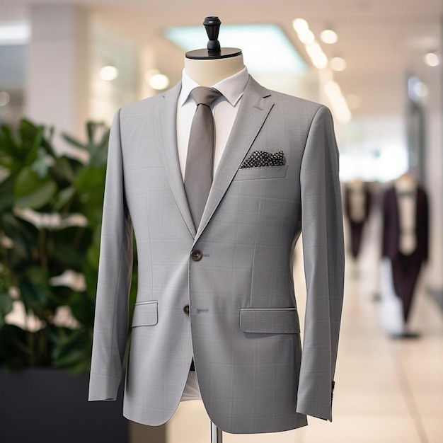 ein grauer Anzug mit Krawatte hängt an einem Hänger.