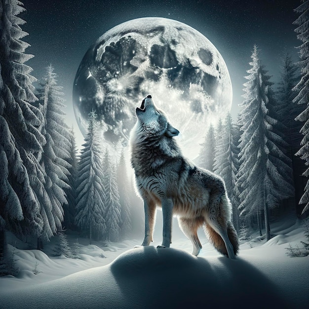 Ein grauer Wolf heult auf den Mond in einem verschneiten Wald