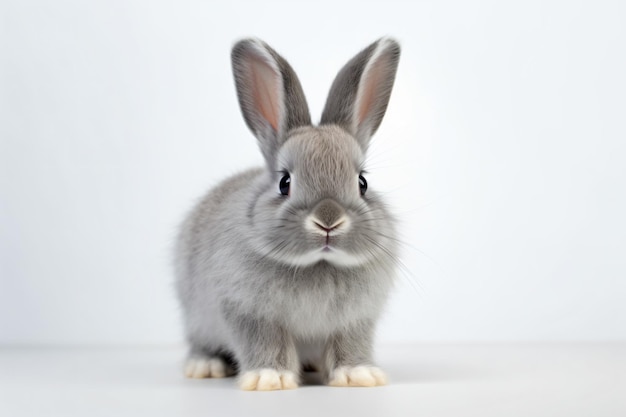 Ein graues Kaninchen mit schwarzer Nase und weißen Augen sitzt auf einer weißen Fläche.