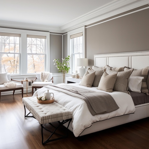 Ein graues Schlafzimmer mit weißen Verzierungen und dunklen Holzböden
