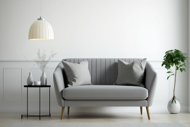 Ein graues Sofa in einem weißen Raum ohne Beschriftung