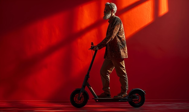 Ein grauhaariger, bärtiger älterer Mann fährt auf einem schwarzen Roller und posiert seitwärts auf einem roten Hintergrund