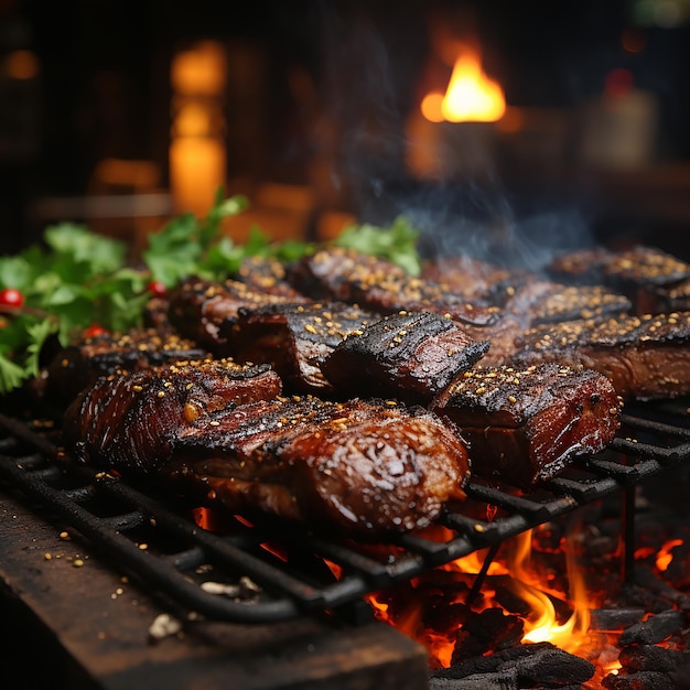 ein Grill mit Fleisch und Gemüse darauf und ein Feuer im Hintergrund.