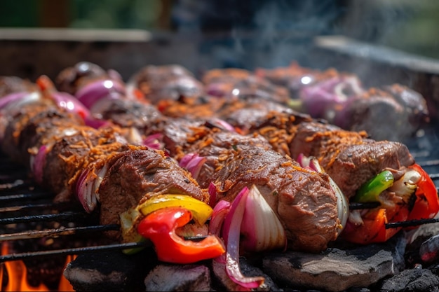 Ein Grill mit Fleisch und Gemüse darauf