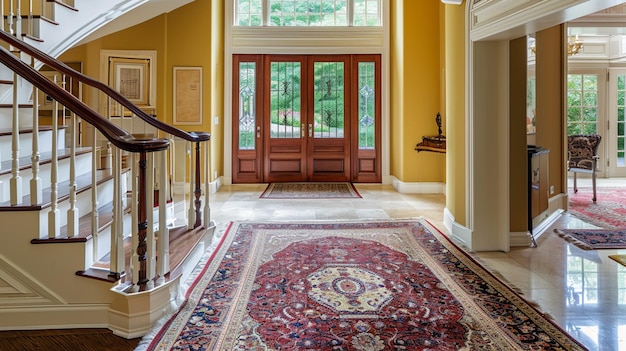 Ein großartiger und eleganter gelber Eingang zu einem Haus mit Treppen, einem orientalischen Teppich, Holz und Glas.