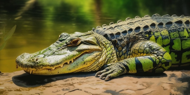 Ein großer Alligator liegt auf einem Felsen. Generatives KI-Bild