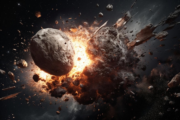 Ein großer Asteroid trifft auf einen Planeten, dahinter kommt es zu einer Explosion.