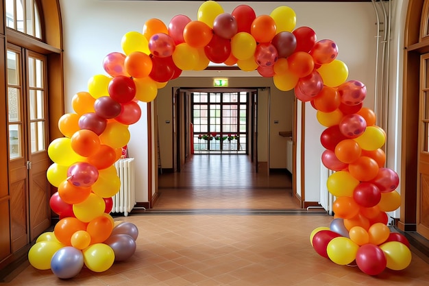 Ein großer Ballonbogen mit einem rosa, orangefarbenen und gelben Balonbogen.