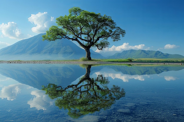 Ein großer Baum allein spiegelt sich im Wasser eines Sees wider. Die Szene ist ruhig und friedlich.