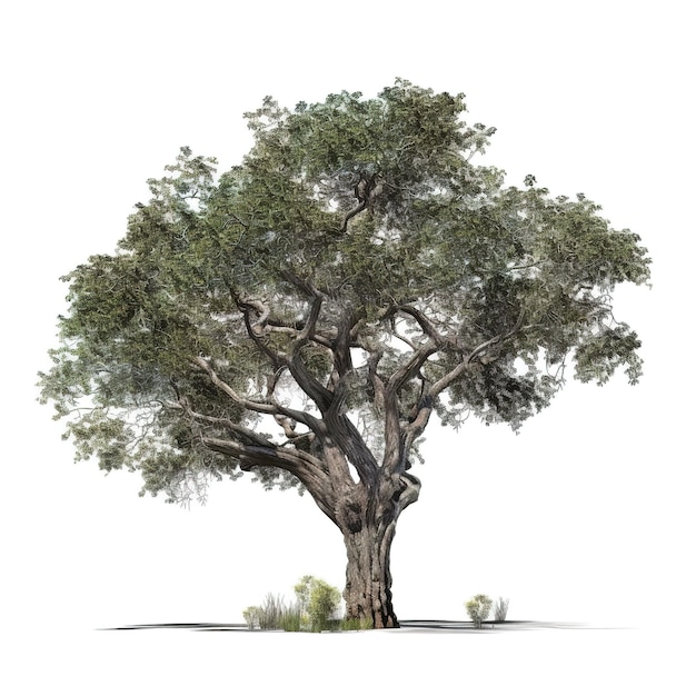 Ein großer Baum mit Blättern und Blüten auf weißem Hintergrund.