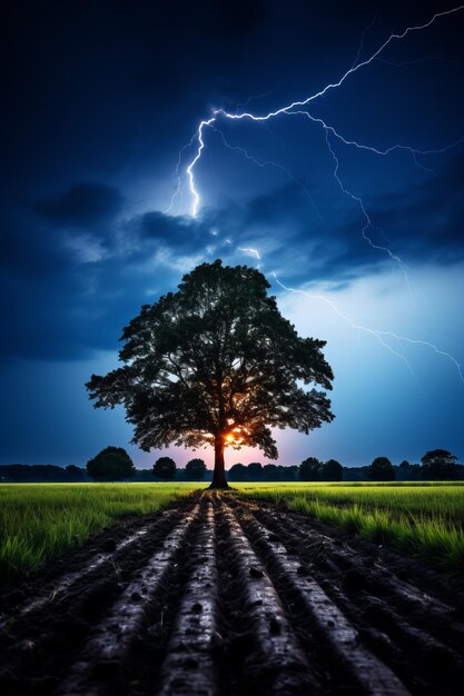 Ein großer Baum steht während eines Blitzsturms allein auf einem Feld