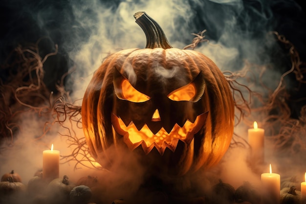 Ein großer, beängstigender Halloween-Kürbis brennt im Inneren