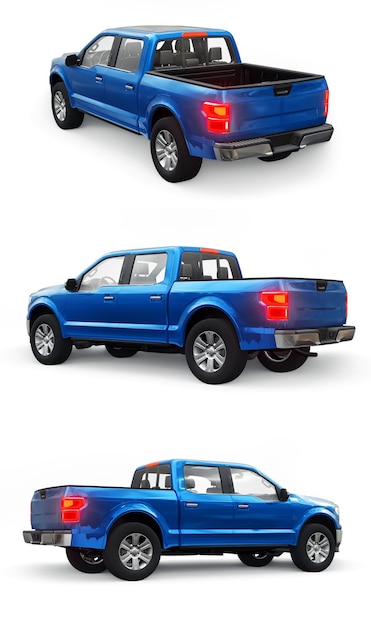 Ein großer blauer moderner Pickup-Truck mit leuchtenden Scheinwerfern einer Doppelkabine auf einem weißen einheitlichen Hintergrund 3D-Rendering