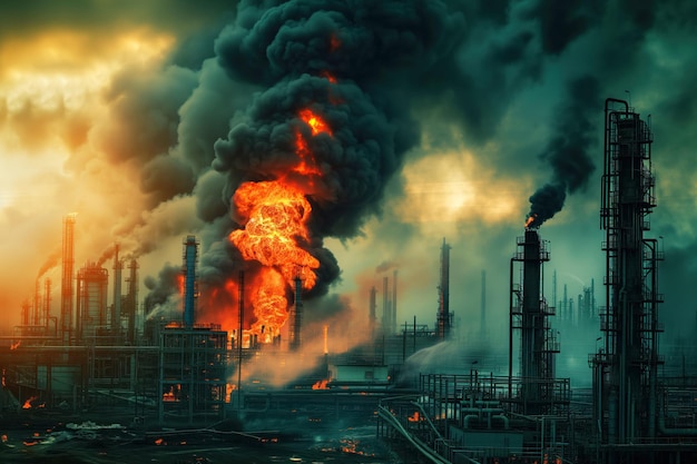 Ein großer Brand brach in einer Ölraffinerie aus, infolge militärischer Angriffe.