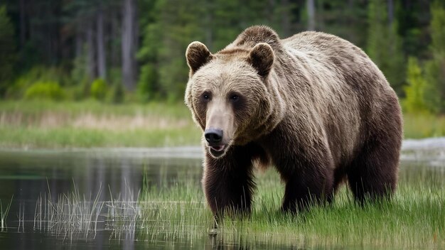 Ein großer brauner Bär in der Nähe eines Waldsees