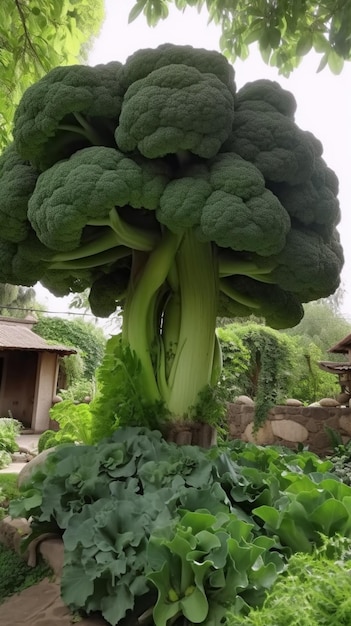 Ein großer Bund Brokkoli steht in einem Garten.