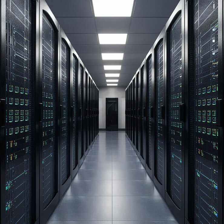 ein großer Computerraum mit vielen Computern darin