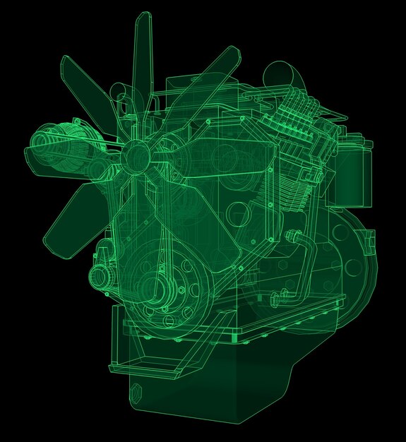 Ein großer dieselmotor, bei dem der lkw in den höhenlinien auf millimeterpapier dargestellt ist. die konturen der grünen linie auf schwarzem hintergrund.