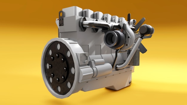 Ein großer Dieselmotor mit dem abgebildeten LKW. 3D-Rendering.