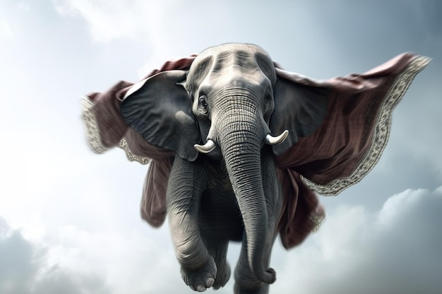 Ein großer Elefant mit einer roten Decke auf dem Kopf fliegt am Himmel.