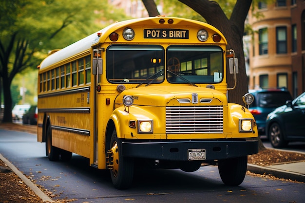 Foto ein großer gelber bus wartet auf die schüler