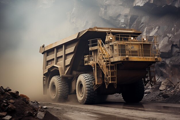 Ein großer gelber Müllwagen transportiert Sand in einem offenen Bergbau-Steinbruch