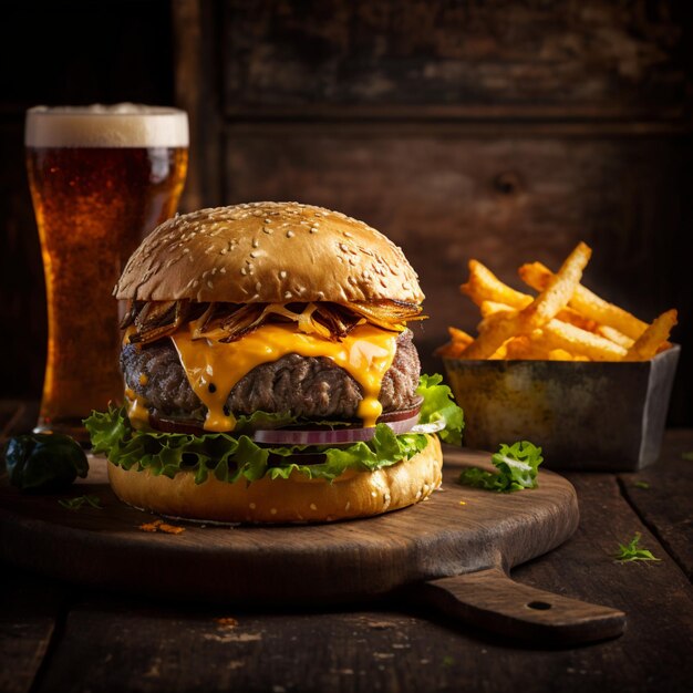 Ein großer Hamburger mit Salat darauf sitzt neben einem Glas Bier.