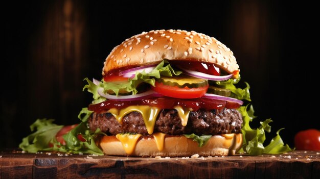 Ein großer Hamburger mit Salat, Tomaten und Zwiebeln oben