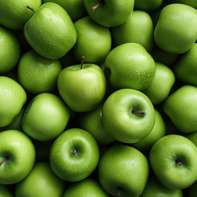 Ein großer Haufen grüner Äpfel mit dem Wort Apfel auf der Unterseite.