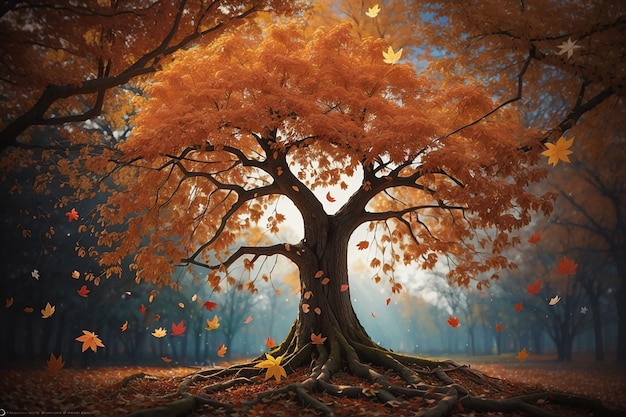 Ein großer Herbstbaum mit fallenden Blättern und bewölktem Himmel