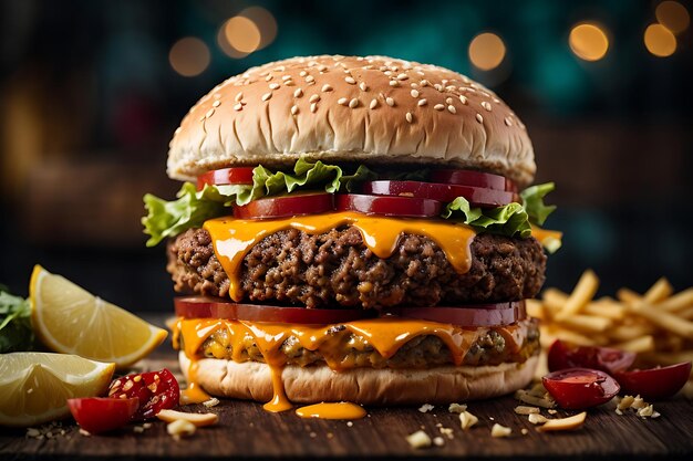 Ein großer, köstlicher Hamburger mit einem Kotlet, Tomatenscheiben, Salat und Schmelzkäse, traditionelles Fastfood