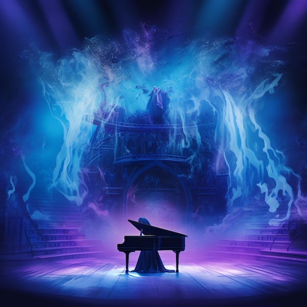 Ein großer Konzertsaal, der in Dunkelheit versenkt ist und von mystischen blauen und lila Lichtern beleuchtet wird