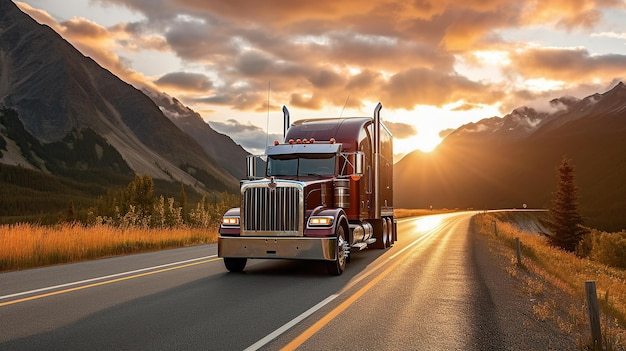 Ein großer LKW fährt im Sonnenuntergang auf einer Autobahn. Generative KI