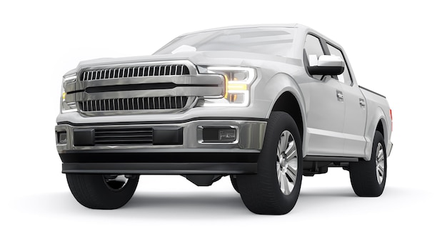 Ein großer moderner Pickup-Truck mit Doppelkabine, leuchtenden Scheinwerfern auf weißem, einheitlichem Hintergrund. 3D-Rendering.