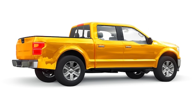 Ein großer moderner Pickup-Truck mit leuchtenden Scheinwerfern einer Doppelkabine auf einem weißen, einheitlichen Hintergrund 3D-Rendering