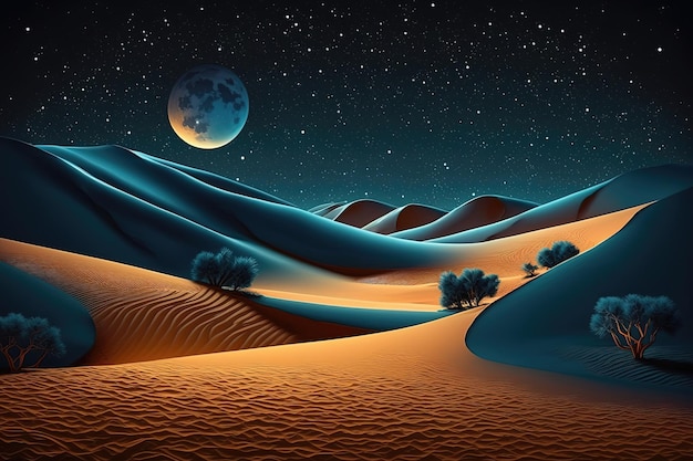 Ein großer Mond, der am Wüstenhimmel aufgeht oder untergeht, mit einer kargen Landschaft, die sich unter der Generativen KI erstreckt