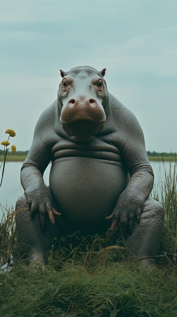 ein großer Nilpferd sitzt vor einem See mit Blumen im Hintergrund