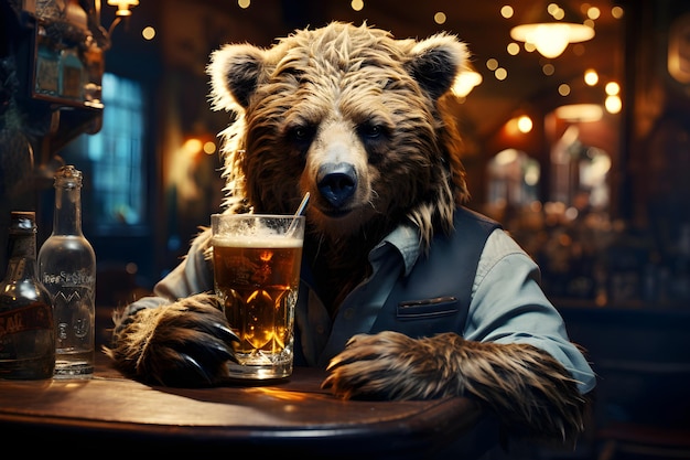 Ein großer pelziger brauner Bär saß in einer Bar und trank ein Getränk, ob man es für Honig oder Bier hält, hängt von der Fantasie der Zuschauer ab. Einige Leute beschweren sich gerne, dass es wie ein Bär ist, der Honig isst.