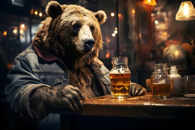 Foto ein großer pelziger brauner bär saß in einer bar und trank ein getränk, ob man es für honig oder bier hält.