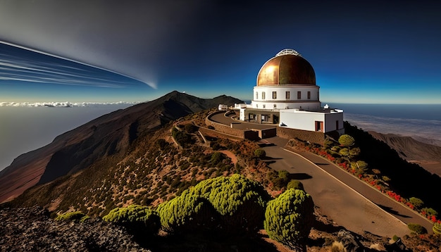 Ein großer Planet ist am Himmel über einem großen Teleskop zu sehen.