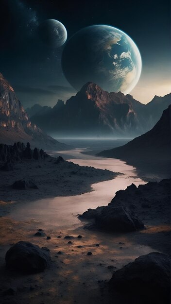 Ein großer Planet ragt am Himmel über einer gebirgigen Landschaft mit einem See im Vordergrund