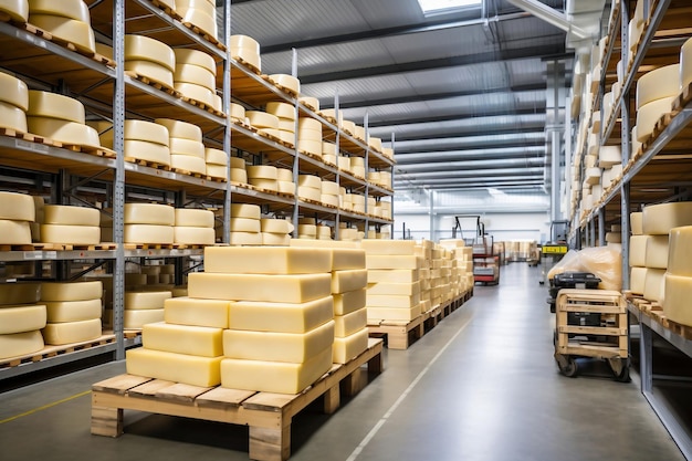 Ein großer Produktionsraum mit vielen Regalen und Regalen mit verschiedenen Käsesorten. Der Käse reift in einem speziellen Raum in der Käseproduktion und -lagerung der Fabrik