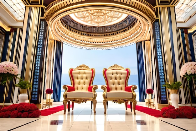 Ein großer Raum mit goldenen und roten Stühlen und einem Fenster mit Blick auf das Meer.