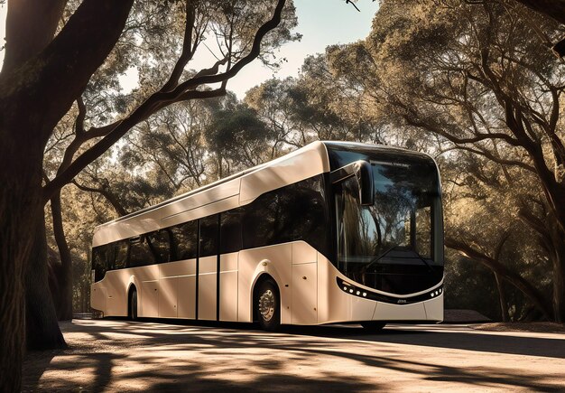 Foto ein großer reisebus in der sonne neben einigen bäumen